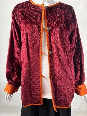 Coldwater Creek Reversible Velvet & Silk Quilted Jacket L Orange/Burgundy Embroi